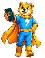 EB Bär Maskottchen hält ein Handy mit dem EB Logo